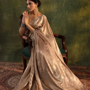 Beige Embellished Silk Blend Saree With Unstitched Blouse Piece