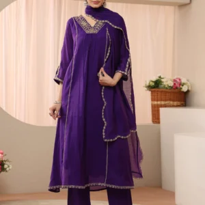 Purple Embellished Silk Blend A-line Suit Set