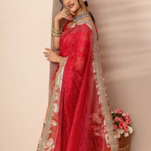Red Woven Design Chanderi Silk Saree With Unstitched Blouse Piece