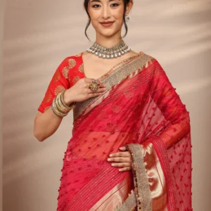 Red Woven Design Chanderi Silk Saree With Unstitched Blouse Piece