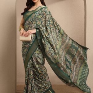 Green Paisley Printed Silk Blend Saree With Unstitched Blouse Piece