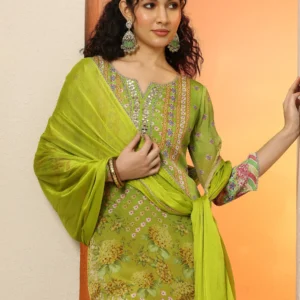 Green Printed Chinon Straight Suit Set With Dupatta
